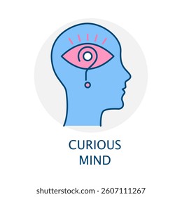 Vector icon for Curious Mind. Human head with a magnifying glass, symbolizing curiosity, exploration, and a quest for knowledge.