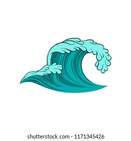 Vector icon of curling sea wave. Blue ocean water. Line art colorful illustration. Aqua theme