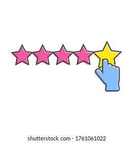 Vector icon of customer feedback. The client's hand clicks on the asterisk. Customer review cartoon style on white isolated background.