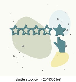 Vector icon of customer feedback. The client's hand clicks on the asterisk. Customer review on multicolored background. Layers grouped for easy editing illustration. For your design.