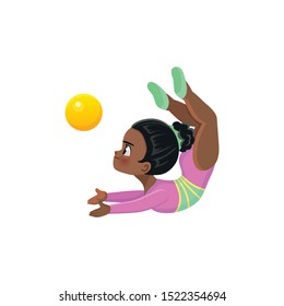 vector icon of a cute afro gymnast funny black girl sticker for print, gymnast performing a difficult trick with the ball in competitions, dance school, children's ballet, circus performance isolated 