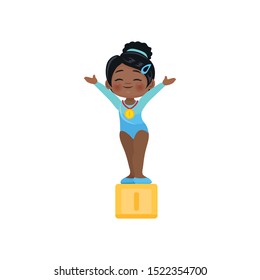 vector icon of a cute afro gymnast on the podium of the winner, with a gold medal and a cup, the award ceremony for the winner in competitions in rhythmic gymnastics, dance, athletics, fitness eps 10