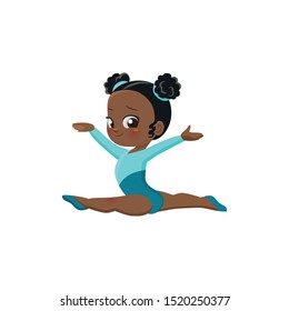vector icon of cute afro sport girl sitting on twine, exercise in rhythmic gymnastics competitions, sticker for print and for website, acrobatic athlete rhythmic gymnastics, olympic games eps 10 afro
