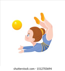 vector icon of cute athlete in a sports swimsuit at the rhythmic gymnastics competitions performs an exercise with a yellow ball, an acrobat in a circus, a juggler, a dancer in motion isolated eps 10