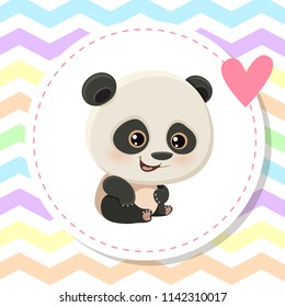 vector icon of cute baby panda on zigzag background with pink heart, bamboo bear from china, chinese character of funny animal, mascot, eps 10, character mascot. Chinese Valentine day