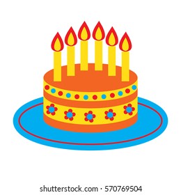 Vector icon with cute bright birthday cake and six candles isolated on the white background. Template for six years old birthday design.
