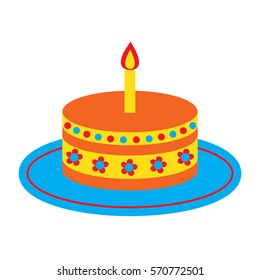 Vector icon with cute bright birthday cake and one candle isolated on the white background. Template for one year old birthday design.