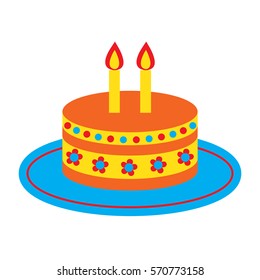 Vector icon with cute bright birthday cake and two candles isolated on the white background. Template for two years old birthday design.