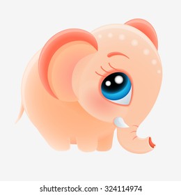 vector icon of a cute cartoon beige pink indian african elephant with big blue eyes, trunk and ears, isolated on white background, eps 10 letter E, chess piece, surprised smiley Savannah wild elefante