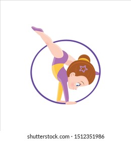 vector icon of a cute cartoon gymnast with a hoop that performs a difficult gymnastic exercise in competitions, an athlete in her arms in a sports swimsuit and with a hoot on her head isolated eps 10