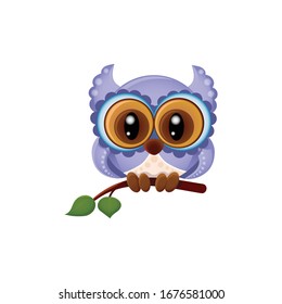 Vector icon of a cute cartoon violet owl sitting on a branch with big eyes and a beak, letter O for children’s funny alphabet and abc, isolated on white eps 10