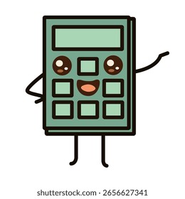 Vektorsymbol eines süßen Kawaii-Taschenrechners mit lächelndem Zeichentrickgesicht im Pastellstil. Perfekt für Schulmathematik, Finanzen, Bildung und das Lernen oder Planerdesign von Kindern.