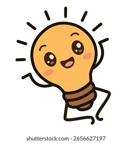 Ícone de vetor de uma lâmpada kawaii bonito com rosto de desenho animado em estilo pastel. Símbolo perfeito para criatividade, ideias, projetos escolares, inovação e conteúdo educacional para crianças