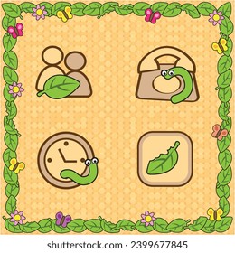 Vector icon cute leaf, caterpillar and butterfly cartoon for create a theme. Icon contacts, phone, time, alarm and gallery. Frame and wallpaper leaf.