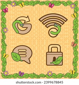 Vector icon cute leaf, caterpillar and butterfly cartoon for create a theme. Icon internet, signal, connections and lock. Frame and wallpaper leaf.