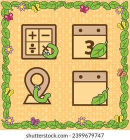 Vector icon cute leaf, caterpillar and butterfly cartoon for create a theme. Icon calculator, calendar and location. Frame and wallpaper leaf. 