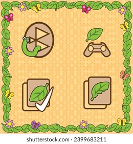 Icono vectorial lindo hoja, oruga y caricatura de mariposa para crear un tema. Conexiones de iconos, juegos, notas y copia. Hojas de marco y papel pintado.