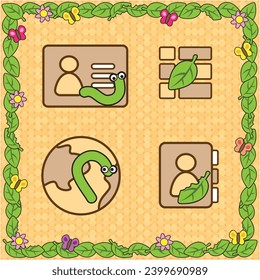 Vector icon cute leaf, caterpillar and butterfly cartoon for create a theme. Icon cards, menu, list, browser and contacts. Frame and wallpaper leaf.