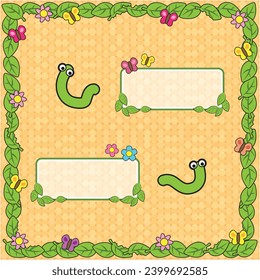 Vector icon cute leaf, caterpillar and butterfly cartoon for create a theme. Icon bubble chat. Frame and wallpaper leaf.