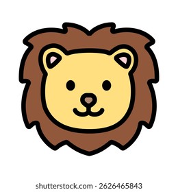 Vector icon of a cute lion head in cartoon style, isolated on white. Great for jungle, animal, wildlife, and children’s themes.