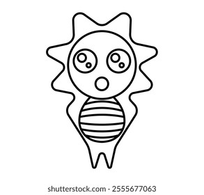 Vector icon of a cute, quirky character with a sun-like head, big round eyes, and a striped body. Perfect for children's designs, educational materials, and playful branding.