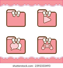 Vector icon cute ribbon and lace cartoon for create a theme, contain folders, folders series, media, social media, messages and games.