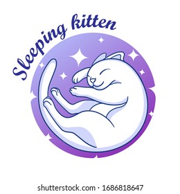 Vector icon of cute sleeping kitten in circle. Pet shop logo, veterinary clinic, pet shelter, brand or company. 