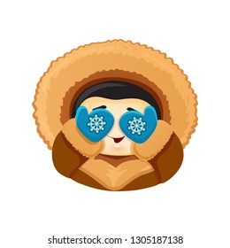 Vector icon of a cute smiling Eskimo baby in mittens with snowflakes hiding his face behind his hands in the hood, no one else, cookie, hid, emoticon sticker for web pages, t-shirt printing chukcha
