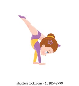 vector icon of cute sport girl on her hands sitting on twine, exercise in rhythmic gymnastics competitions, sticker for print and for website, acrobatic athlete rhythmic gymnastics, olympic games eps