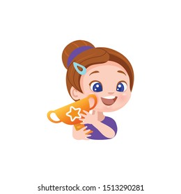 vector icon of cute sportswoman with victory cup happy gymnast in leotard Amazing surprise gift, holiday, rewarding, victory in gymnastics, swimming, dancing competitions, funny girl sticker for print