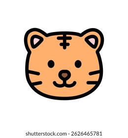 Vector icon of a cute tiger head in cartoon style, isolated on white. Suitable for jungle, wild animal, zodiac, and kid designs.