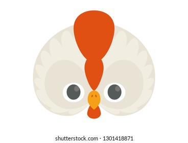 Vector icon of cute white chicken with red comb. Animal mask for children.
