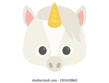 Vector icon of cute white unicorn with golden horn. Mask for children.