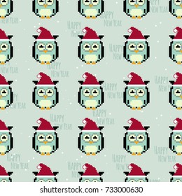 Vector icon of cute winter owl. Patches, pins, stickers, badges. Pixel art style. 8 bit. Happy New Year.