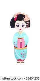 vector icon of cute young geisha for hanami celebration in blue kimono with sakura flowers on a hairstyle Isolated on white, anime doll kokeshi eps 10 big black eyes svg