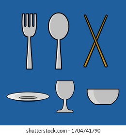 Vector icon of cutlery. Icon spoon, fork, chopsticks, plate, bowl and glass. Flat icon design in a simple and modern style