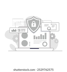 Vektorsymbol für Cybersicherheit. Stellt ein Notebook mit einem Sicherheitsschild und Analysediagrammen dar, die Systemschutz, Datensicherheit und Bedrohungsüberwachung darstellen.