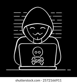 Vector icon for cybersecurity hacker in hoodie using laptop with skull logo. Simple black-and-white outline style.