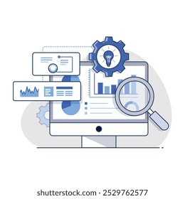 Ícone de vetor para Análise de Dados. Mostra um desktop com uma lupa e uma engrenagem ao lado de gráficos, ilustrando business intelligence, controle de desempenho e insights analíticos.