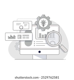 Ícone de vetor para Análise de Dados. Mostra um desktop com uma lupa e uma engrenagem ao lado de gráficos, ilustrando business intelligence, controle de desempenho e insights analíticos.