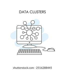 "Ícone de vetor para gerenciamento de cluster de dados e armazenamento em nuvem. Representa vários pontos de dados conectados para formar um cluster, simbolizando a organização do banco de dados e a tecnologia em nuvem.