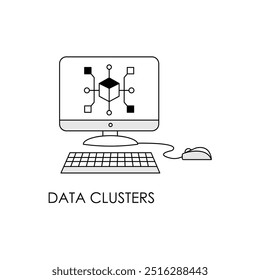 Ícone de vetor para clustering de dados e sistemas de análise. Apresenta nós de dados conectados e símbolos de nuvem, representando sistemas de dados, análise de informações e infraestrutura técnica.