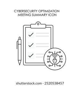 Ícone de vetor para otimização da segurança de dados e resumo da reunião. Possui uma blindagem, relatório e símbolos de comunicação indicando planejamento e documentação de segurança cibernética.