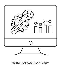 Icono de Vector para el cuidado de equipos basados en datos. Llave inglesa y gráfico que representa el monitoreo predictivo.