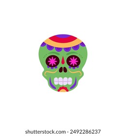 Vector icon for the Day of Death in the form of a colorful skull in national patterns with flowers and neon colors, reflecting the holiday atmosphere