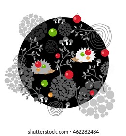 Vector icon of decorative hedgehog, apple, mushroom, leaves