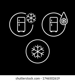 Icono del vector. Derrocar símbolos. Imagen de una gota de agua con un copo de nieve y una nevera. Icono de línea. Fondo negro.