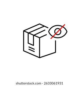 Vector icon of delivery box with crossed-out eye, symbolizing hidden shipment, private delivery, or invisible tracking. Ideal for logistics apps, e-commerce platforms, and privacy settings