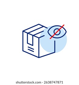 Vector icon of delivery box with crossed-out eye, symbolizing hidden shipment, private delivery, or invisible tracking. Ideal for logistics apps, e-commerce platforms, and privacy settings