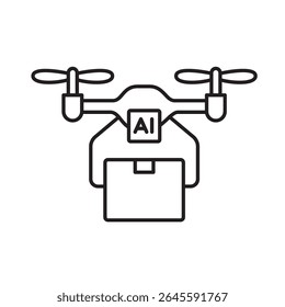 Um ícone vetorial de um drone de entrega que transporta um pacote com um chip de IA, representando a entrega baseada em drone alimentada por inteligência artificial, criado em estilo de linha com traço editável